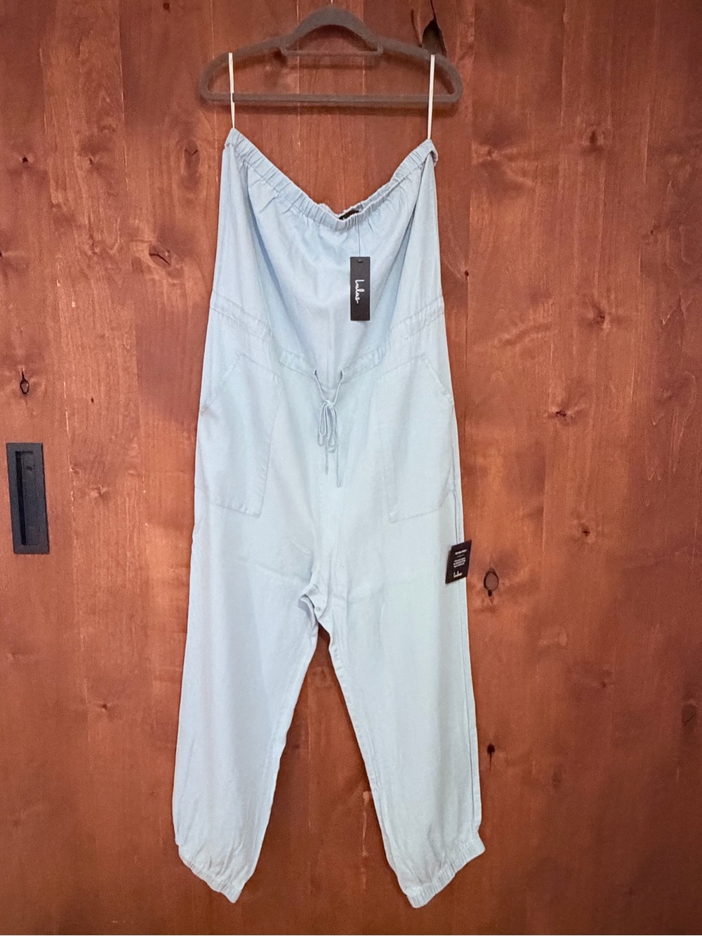 Lulu's Light Chambray Strapless Jumpsuit